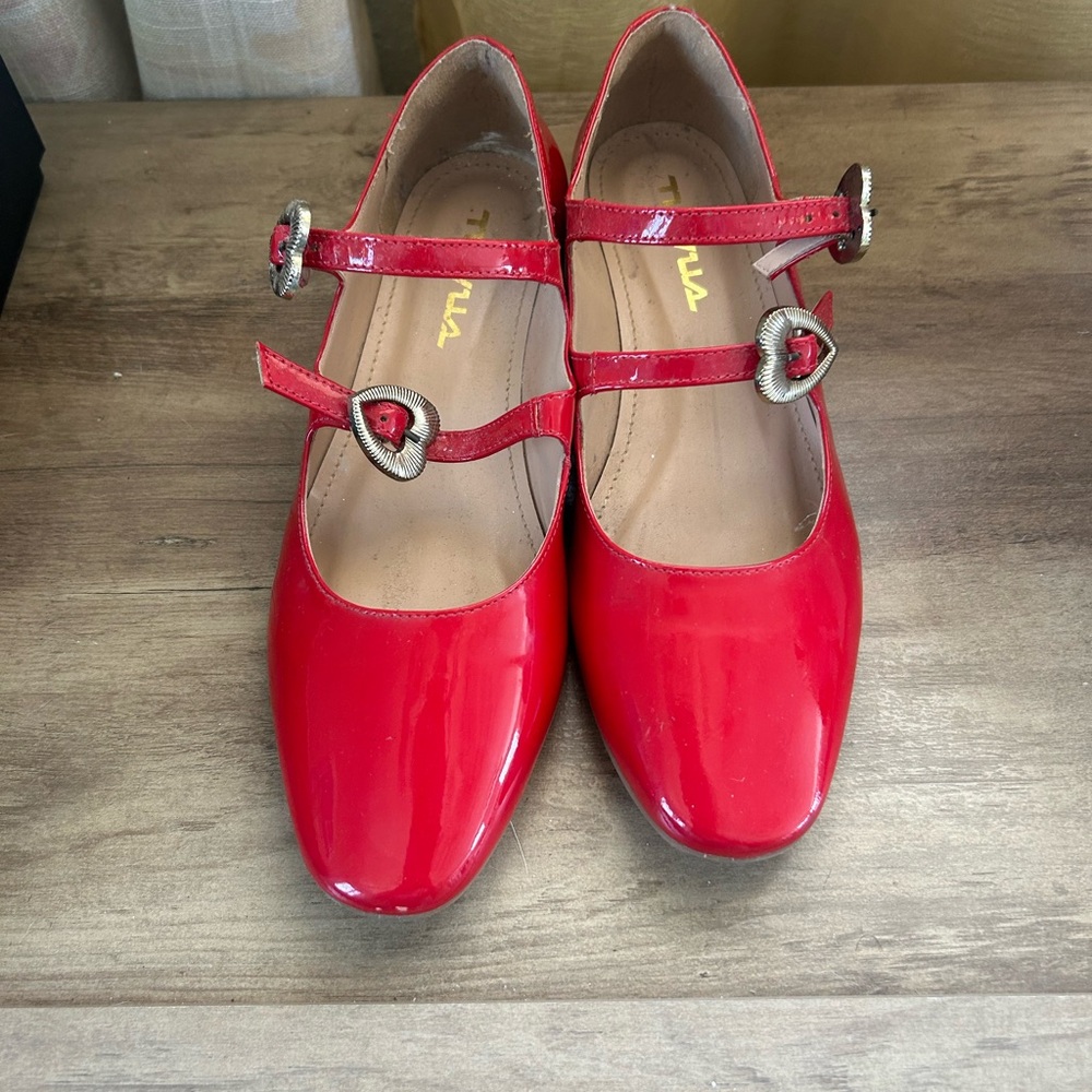 Red Patent Mary Jane Flats with Heart Buckles